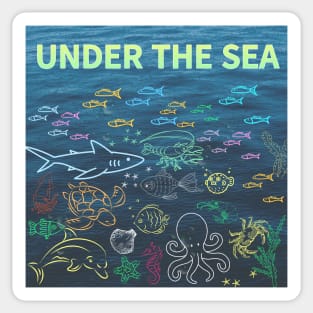 under the sea,blue sea,sea creatures,Turtle, puffer fish, starfish, shrimp, shark, tropical fish, sea horse, seaweed, sardines, squid, crabs, clams Sticker